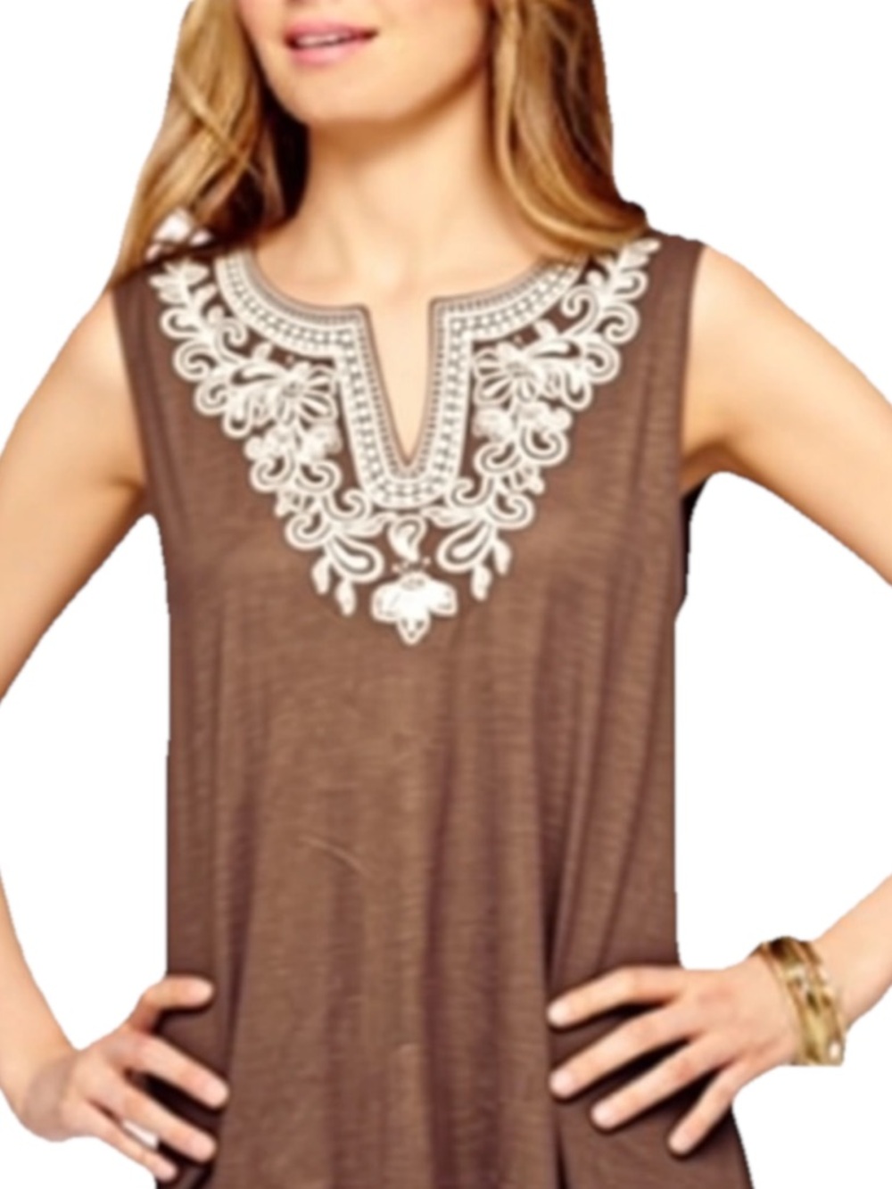 J Jill Womens Shirt Tunic L  Brown Embroidered Casual Boho Hippie 162